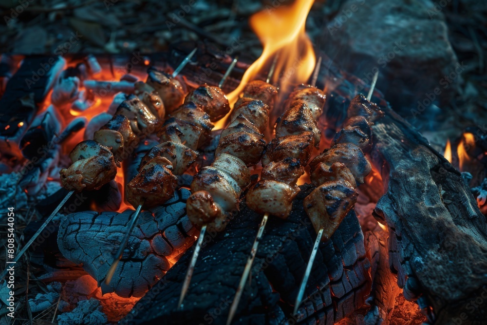 chicken kebabs roasting over glowing embers chicken kebabs roasting over glowing embers