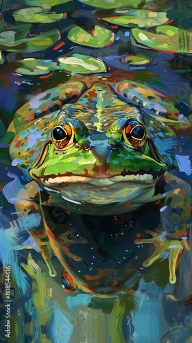 In a tranquil pond  an American bullfrog rests on lily pads  its eyes wide open as it peers out from behind a leaf. The close-up view captures the frog s vibrant colors and alert expression amidst 