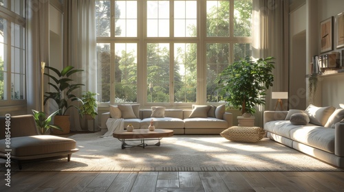 High-resolution 3D rendering of a tranquil living room with large windows and a gentle color palette, where the afternoon sun adds warmth and depth.