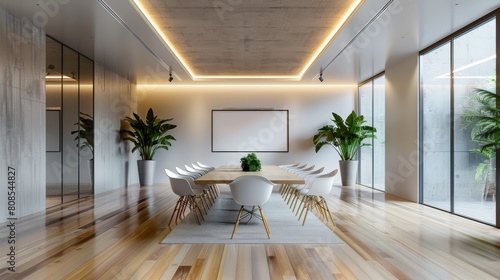 High-resolution 3D rendering of a tech-focused meeting room with minimalist design  clean light  and advanced conferencing equipment seamlessly integrated.