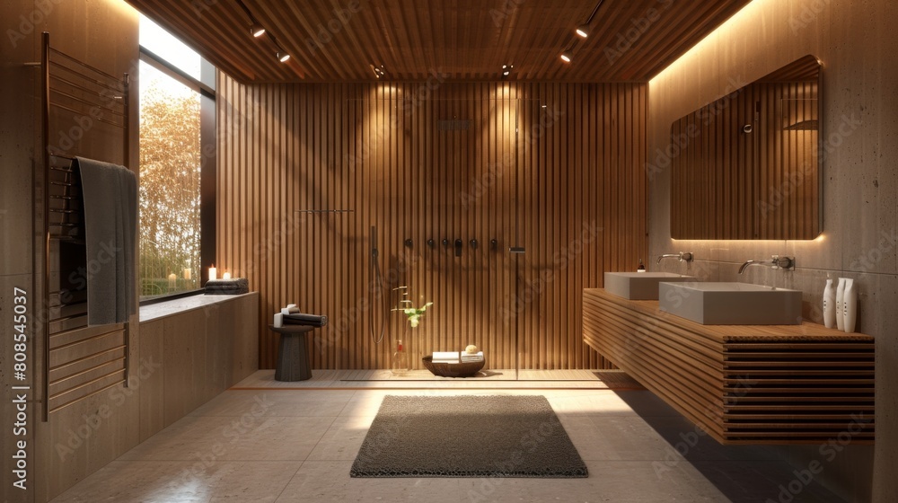 High-resolution 3D rendering of a spacious bathroom featuring Bauhaus aesthetics with wooden slat walls, metal towel racks, and spotlights that highlight the clean lines. High-resolution 3D rendering of a spacious bathroom featuring Bauhaus aesthetics with wooden slat walls, metal towel racks, and spotlights that highlight the clean lines.