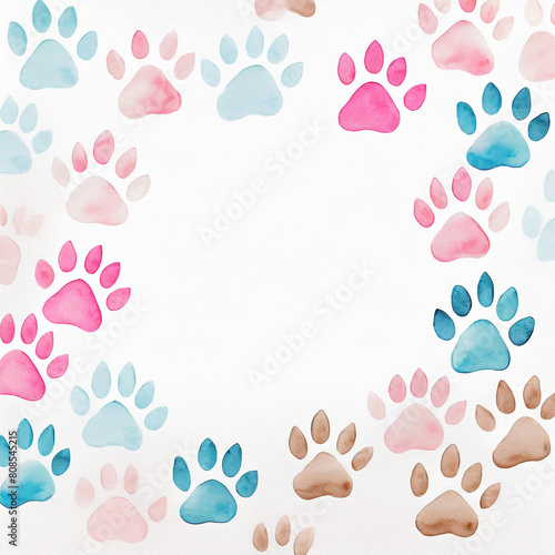 Watercolor dog paw print frame border background