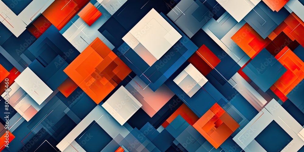 Abstract background with blue, orange and white geometric shapes. The design features overlapping squares in navy blue, red and grey colors Abstract background with blue, orange and white geometric shapes. The design features overlapping squares in navy blue, red and grey colors