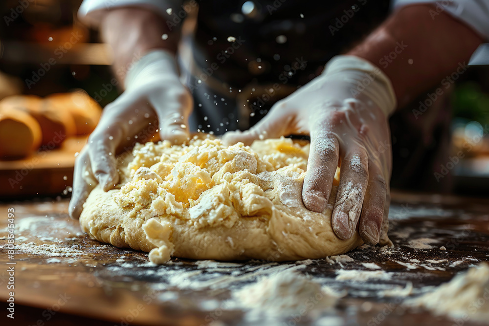  A closeup of hands in white gloves kneading dough on an old wooden table, surrounded by flour and kitchen utensils. Created with Ai