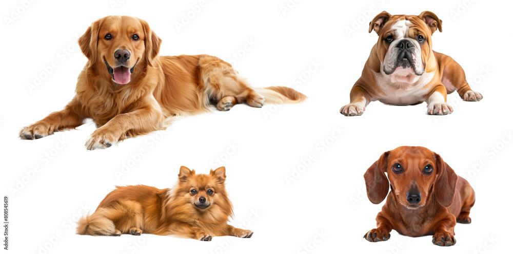 犬4種類、ゴールデンレトリバー、ポメラニアン、ブルドッグ、ダックスフント、背景透過
