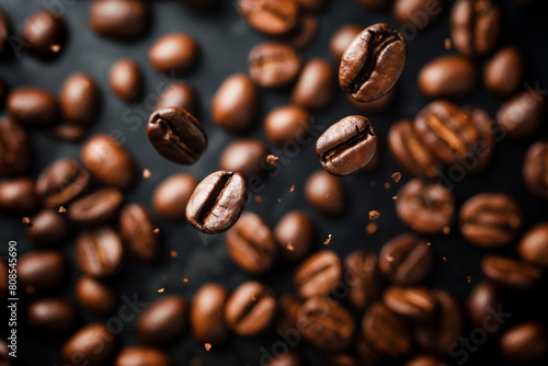 coffee beans falling against black background