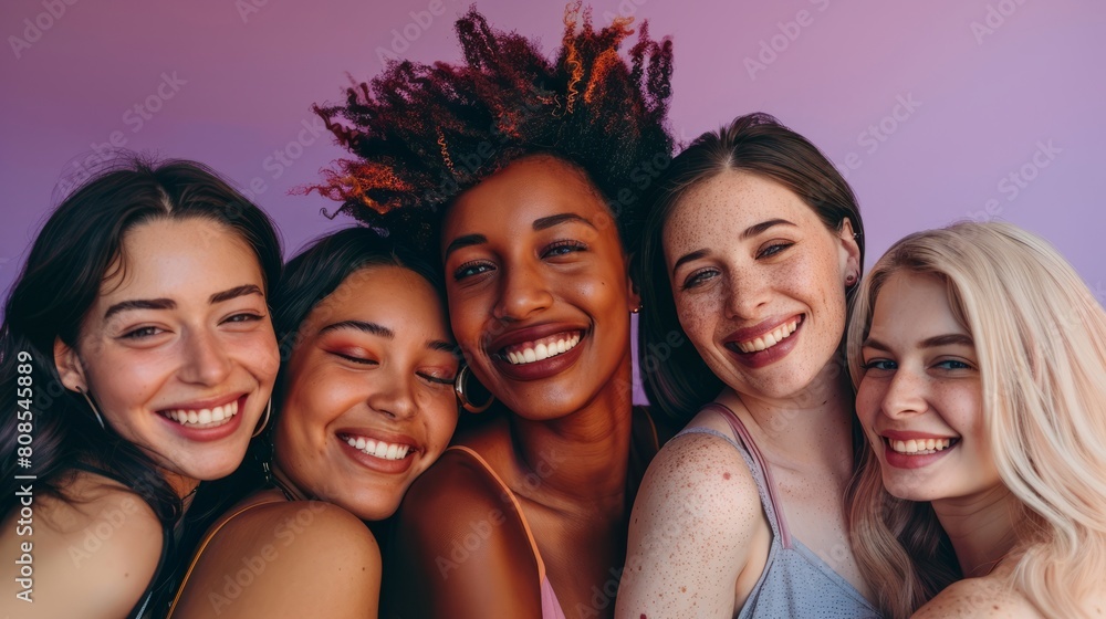 Fototapeta premium A group of diverse, multi-racial and multi-ethnic female colleagues smiling for Women's Equality Day photo shoot, International Women's Day photo shoot