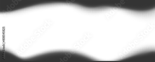 Dotted vector background with halftone effect. Comic wavy gradient border on white backdrop. Old grainy abstract frame. Retro graphic texture.