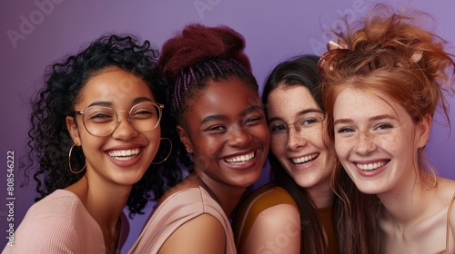 A group of diverse, multi-racial and multi-ethnic female colleagues smiling for Women's Equality Day photo shoot, International Women's Day photo shoot