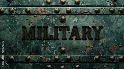 military background, green color, metal plate with rivets on top and bottom edge, vintage style, military themed, flat design.