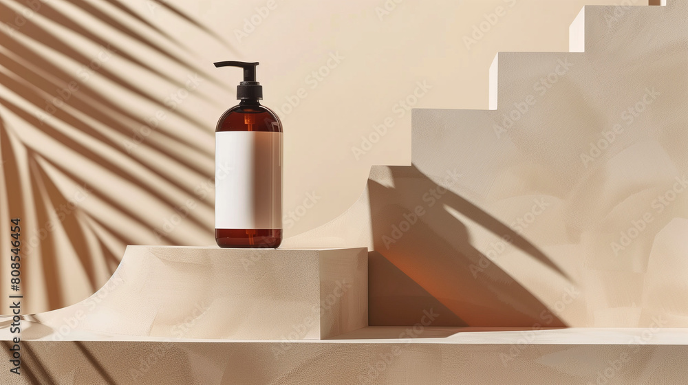 A brown shampoo bottle rests elegantly on a set of steps, its smooth surface contrasting with the empty white label affixed to it. Behind the bottle, a backdrop of geometric shapes in soothing beige A brown shampoo bottle rests elegantly on a set of steps, its smooth surface contrasting with the empty white label affixed to it. Behind the bottle, a backdrop of geometric shapes in soothing beige