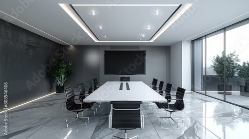 High-resolution 3D rendering of a modern meeting room featuring an ultra-thin LED panel overhead, simple black chairs, and a white conference table.