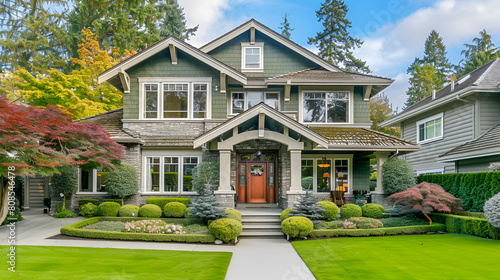 A perfect neighborhood. Houses in suburb at Summer,Beautiful custom built craftsman style home three car garage with wooden doors lush landscaping with spring foliage and shadows dappling the yard 