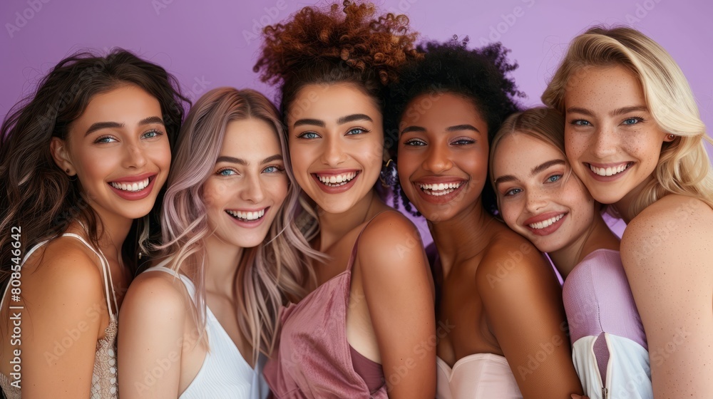 A group of diverse, multi-racial and multi-ethnic female colleagues smiling for Women's Equality Day photo shoot, International Women's Day photo shoot