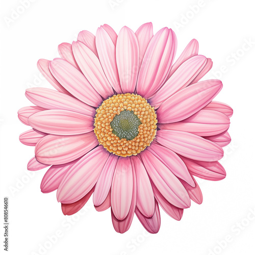 there is a pink flower with a yellow center on a white background