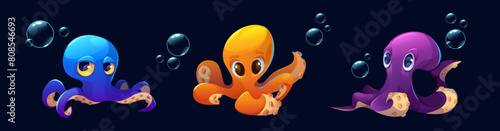 Cute octopus character. Sea baby squid cartoon. Funny animal with tentacle drawing clipart. Underwater kraken monster in blue and orange. Invertebrate friendly ocean creature game asset collection
