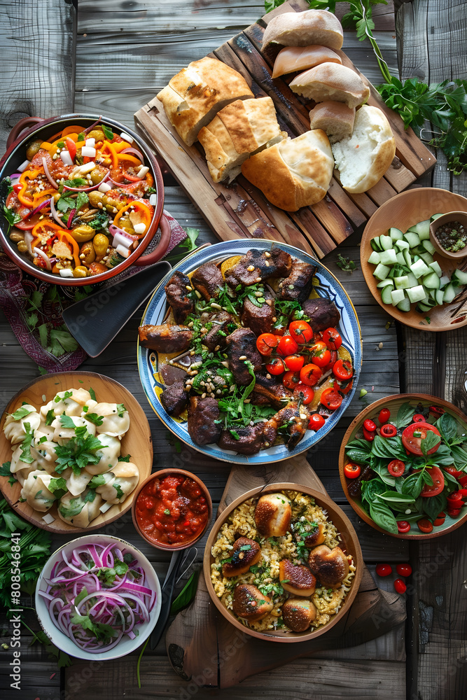 Savory Spread of Traditional Uzbek Cuisine: Colorful Array of Plov, Manti, Somsa, and Lavash