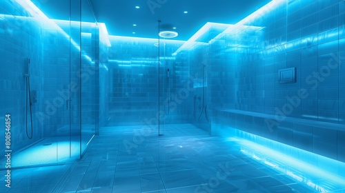 High-resolution 3D rendering of a modern bathroom with vibrant blue tiles  a clear glass shower  and strip lighting that highlights the clean  bold lines.