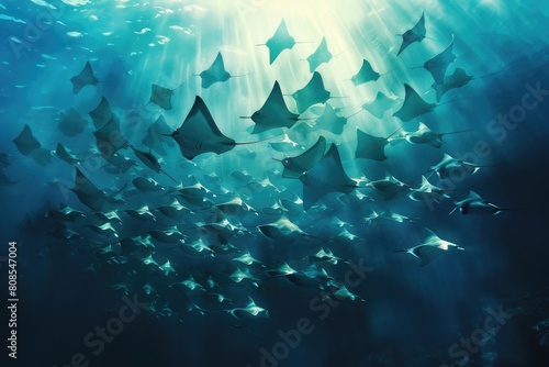 Underwater Wonders: Shoal of Mobula Rays Swimming in the Coral of the Deep Blue Sea photo