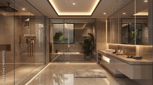 High-resolution 3D rendering of a modern bathroom with sleek, glossy surfaces, integrated lighting in the ceiling, and a frameless glass shower enclosure.