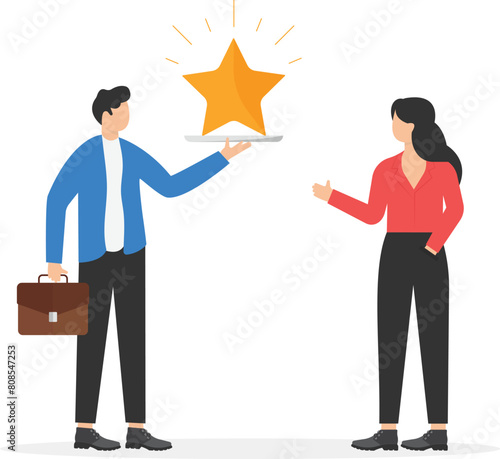 Waiter carrying golden shining star on tray. Concept of professional service of premium quality, luxury restaurant, vip bonus, flat vector illustration

