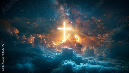A cross is shining brightly in the sky above a cloudy, starry night by AI generated image
