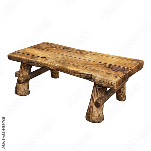 The photo shows a wooden bench. The bench is made of a single piece of wood, and it has a natural finish. The bench is perfect for use in a rustic or outdoor setting.