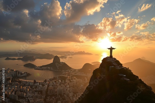 Sun setting behind Christ the Redeemer, Rio, view of Aerial of Christ at sunset, Ai generated