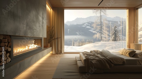 High-resolution 3D rendering of a minimalist Scandinavian bedroom featuring a wall-mounted  slim-profile fireplace and soft  morning sunlight illuminating the space.