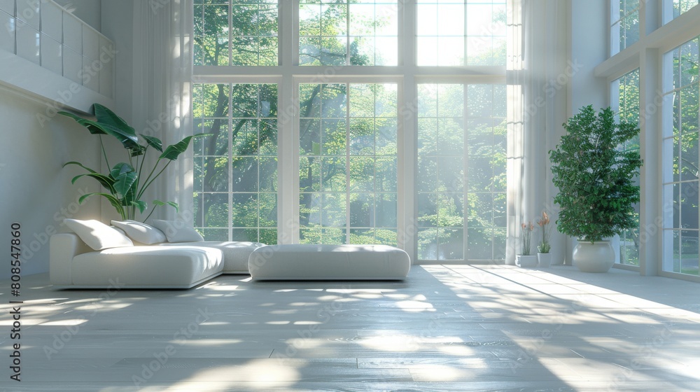High-resolution 3D rendering of a minimalist living room with midday sunlight streaming through large windows, highlighting sleek, white furniture. High-resolution 3D rendering of a minimalist living room with midday sunlight streaming through large windows, highlighting sleek, white furniture.