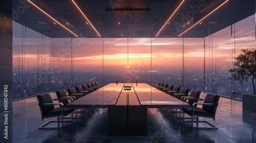 High-resolution 3D rendering of a minimalist meeting room overlooking the city, with tinted windows, sleek black chairs, and integrated table lights.