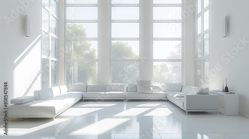 High-resolution 3D rendering of a minimalist living room with midday sunlight streaming through large windows  highlighting sleek  white furniture.