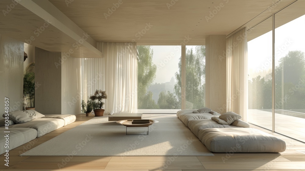 High-resolution 3D rendering of a minimalist living room with an emphasis on openness, featuring sparse decoration and abundant natural lighting.