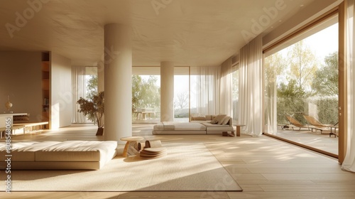 High-resolution 3D rendering of a minimalist living room with an emphasis on openness  featuring sparse decoration and abundant natural lighting.