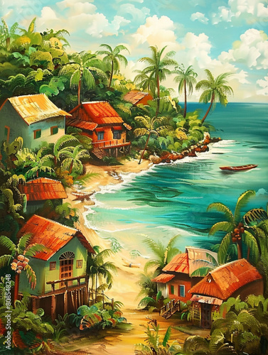 wide shot, village on tropical island, different houses, beach, palms
