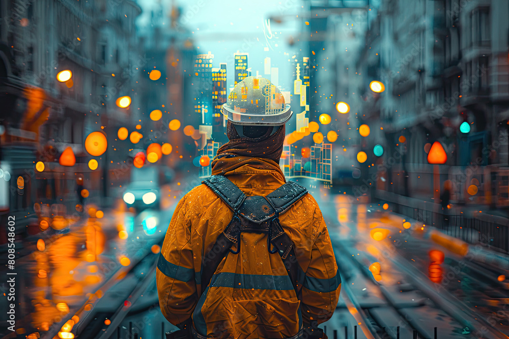 A construction worker wearing an orange jacket and yellow helmet stands on top of a building looking at the city. Created with Ai
