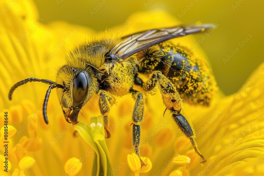 Sweat Bee Collecting Pollen. Macro Close-Up of Yellow Bee on Flower in Nature Sweat Bee Collecting Pollen. Macro Close-Up of Yellow Bee on Flower in Nature