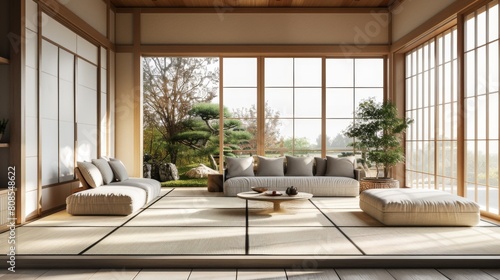 High-resolution 3D rendering of a minimalist Japan living room featuring tatami mat flooring and simple  elegant furniture under soft  diffused daylight.