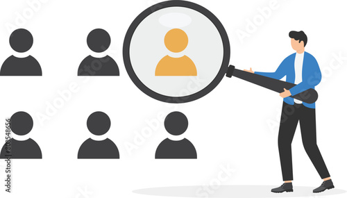 Human resources or finding suitable candidates concept, head hunt, choosing talent for job, man employer boss or HR manager standing using magnifying glass to choose job interview people

