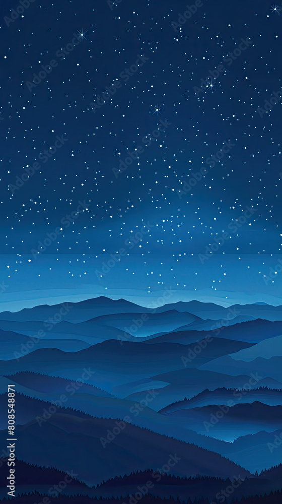 Aesthetic night sky wallpaper featuring deep blue and starry details with silhouettes of distant mountains, ideal for a calming desktop background 