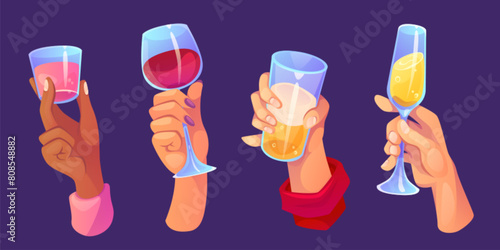 Male and female hand holding glass with alcohol drinks. Cartoon vector illustration set of human arm with cocktail for party and event celebration concept. Pink shot red wine, champagne and beer.