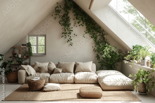 Abundant Furniture and Plants in a Scandinavian Living Room. Generative AI © Uliana