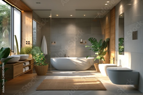Modern Bathroom With Tub, Sink, Toilet, and Plants. Generative AI
