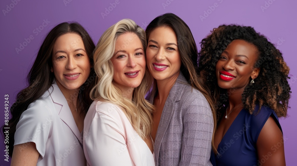 A group of diverse, multi-racial and multi-ethnic female colleagues smiling for Women's Equality Day photo shoot, International Women's Day photo shoot A group of diverse, multi-racial and multi-ethnic female colleagues smiling for Women's Equality Day photo shoot, International Women's Day photo shoot
