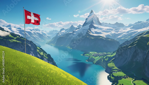 Swiss flag and mountain range on a sunny summer day with blue sky and clouds. Confederation Day is a national holiday in Switzerland photo