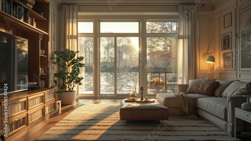 High-resolution 3D rendering of a living room with clean lines and a limited color palette  where the early morning sun creates a serene environment.