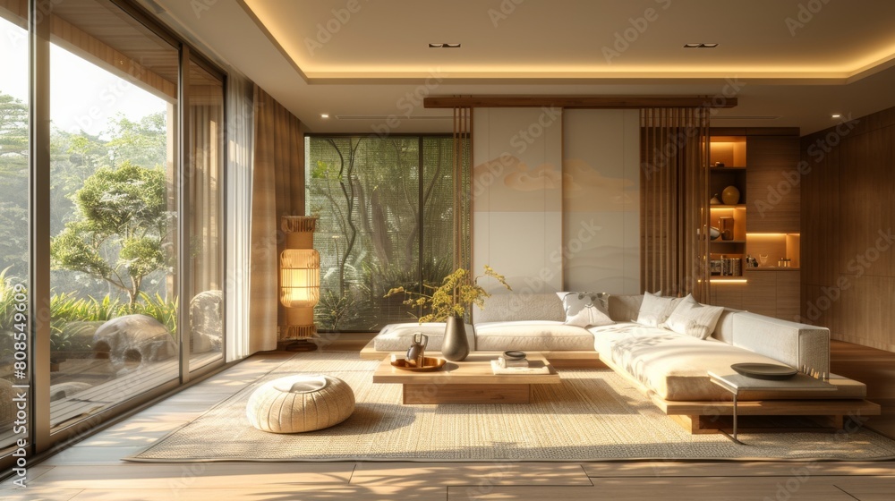 High-resolution 3D rendering of a Japan living room with a neutral color palette, natural wood finishes, and early evening light providing a warm glow High-resolution 3D rendering of a Japan living room with a neutral color palette, natural wood finishes, and early evening light providing a warm glow