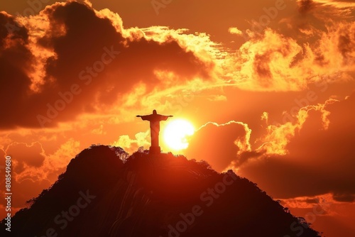 Sun setting behind Christ the Redeemer, Rio, view of Aerial of Christ at sunset, Ai generated