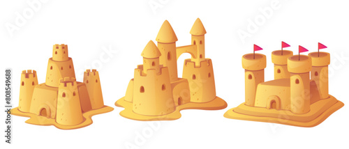 Sandcastle summer play cartoon beach illustration. Cute sand castle vacation game. Kid sculpture with flag and tower isolated on white background. Fantasy yellow palace set clipart for sea trip