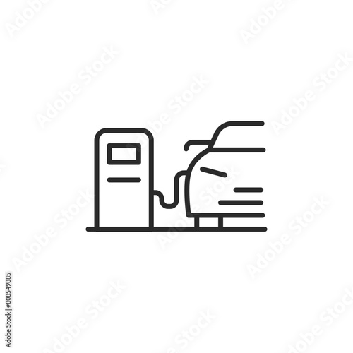 Fuel station icon depicting a self-service gas pump with a car being refueled. Perfect for use in automotive services, energy supply, and transport-related designs. Vector illustration.